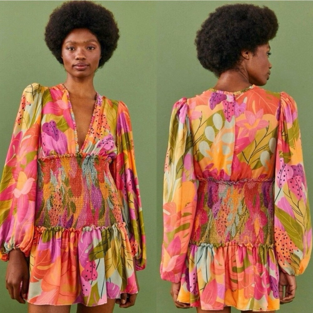 NWT Farm Rio Sweet Forest Smocked Long Sleeve Mini Dress‎ XL
